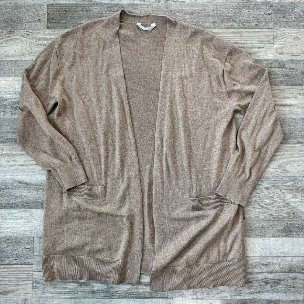 Cashmere Blend beige long length open front cardigan sweater size large E46